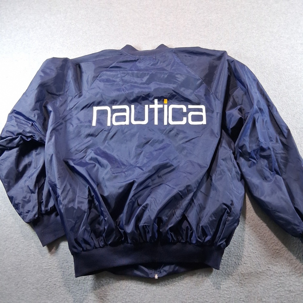Vintage Nautica Bomber Jacket Men One Size Navy Blue Windbreaker Logo Full Zip